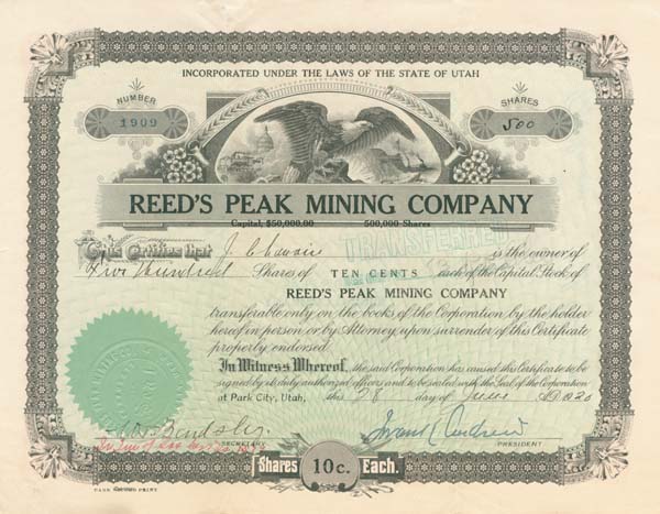 Reed's Peak Mining Co. - Stock Certificate